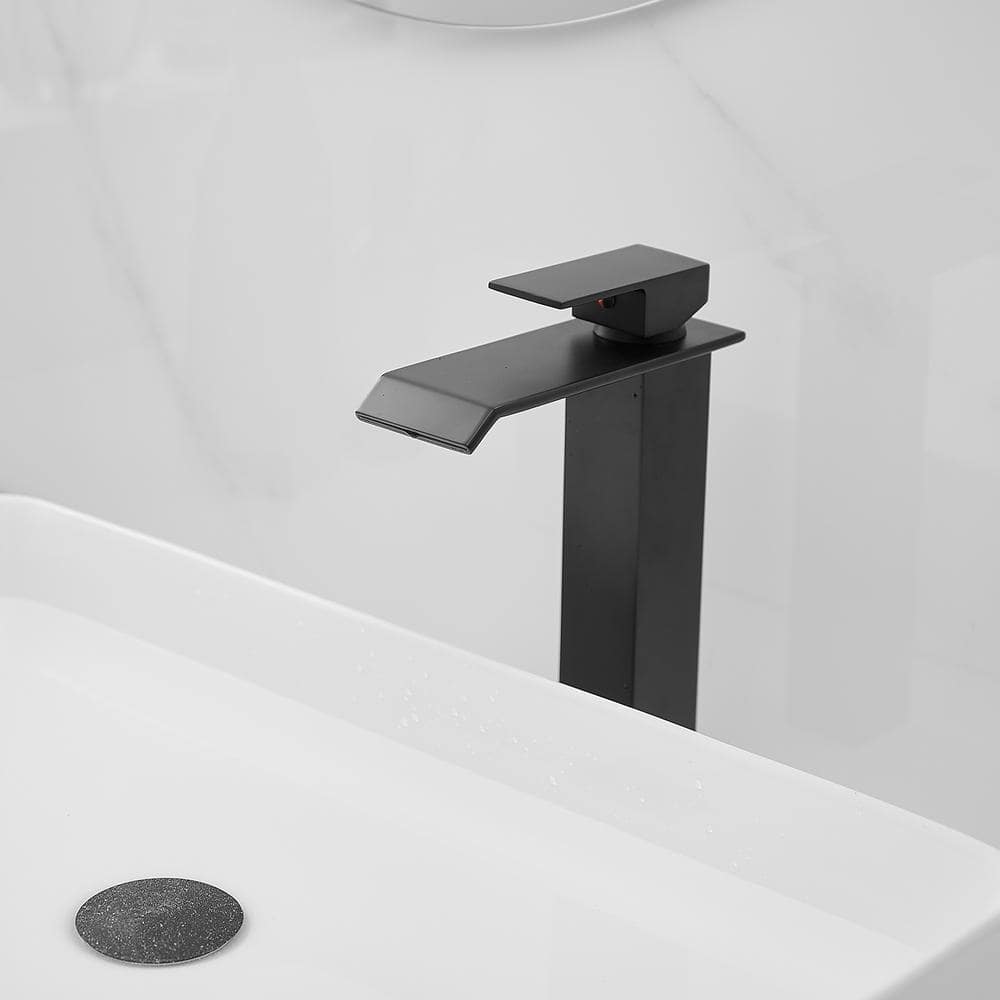 Matte Black Tall Waterfall Vessel Sink Faucet with Pop-Up Drain