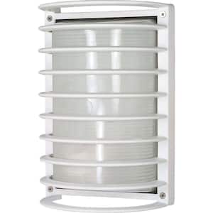 1-Light Semi Gloss White Outdoor Rectangle Cage Bulk Head with Die-Cast
