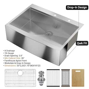 33 in. Drop-In/Undermount Stainless Steel 2-Hole Single Bowl Farmhouse Apron Workstation Kitchen Sink with Accessories