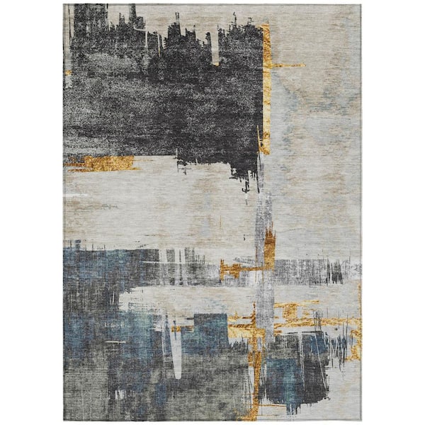 Charcoal, Gray, Tan 9 ft. x 12 ft. Woven Abstract Polyester Rectangle Indoor/Outdoor Area Rug