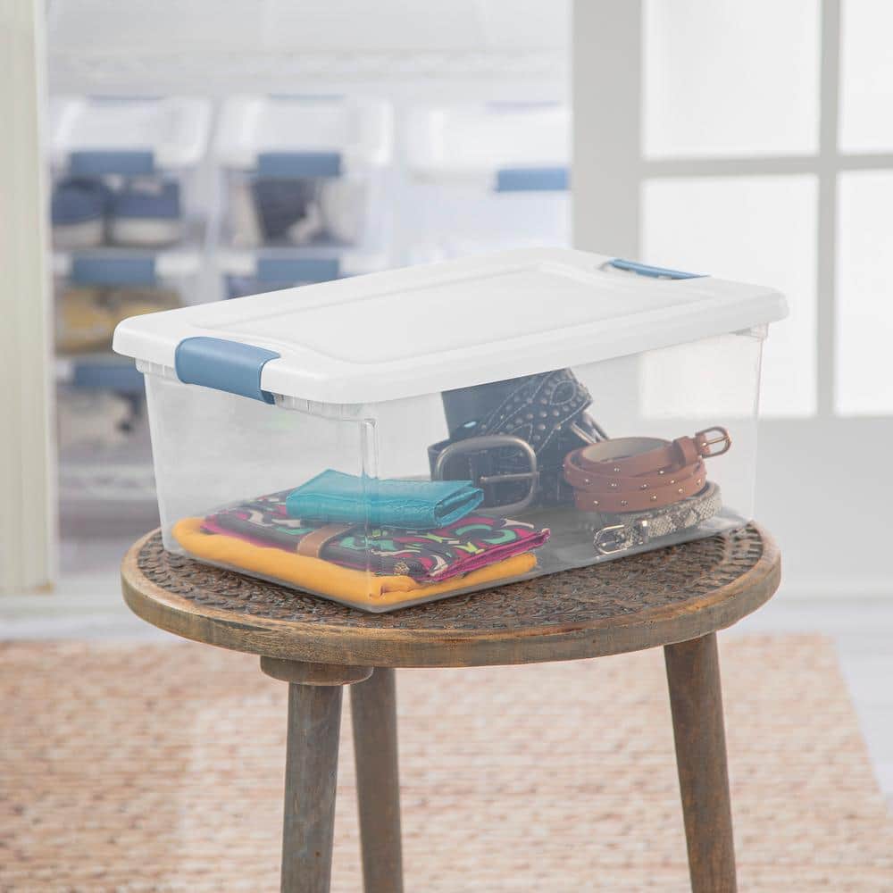 Clear Plastic Stackable Storage Box with White Lid and Blue Latches