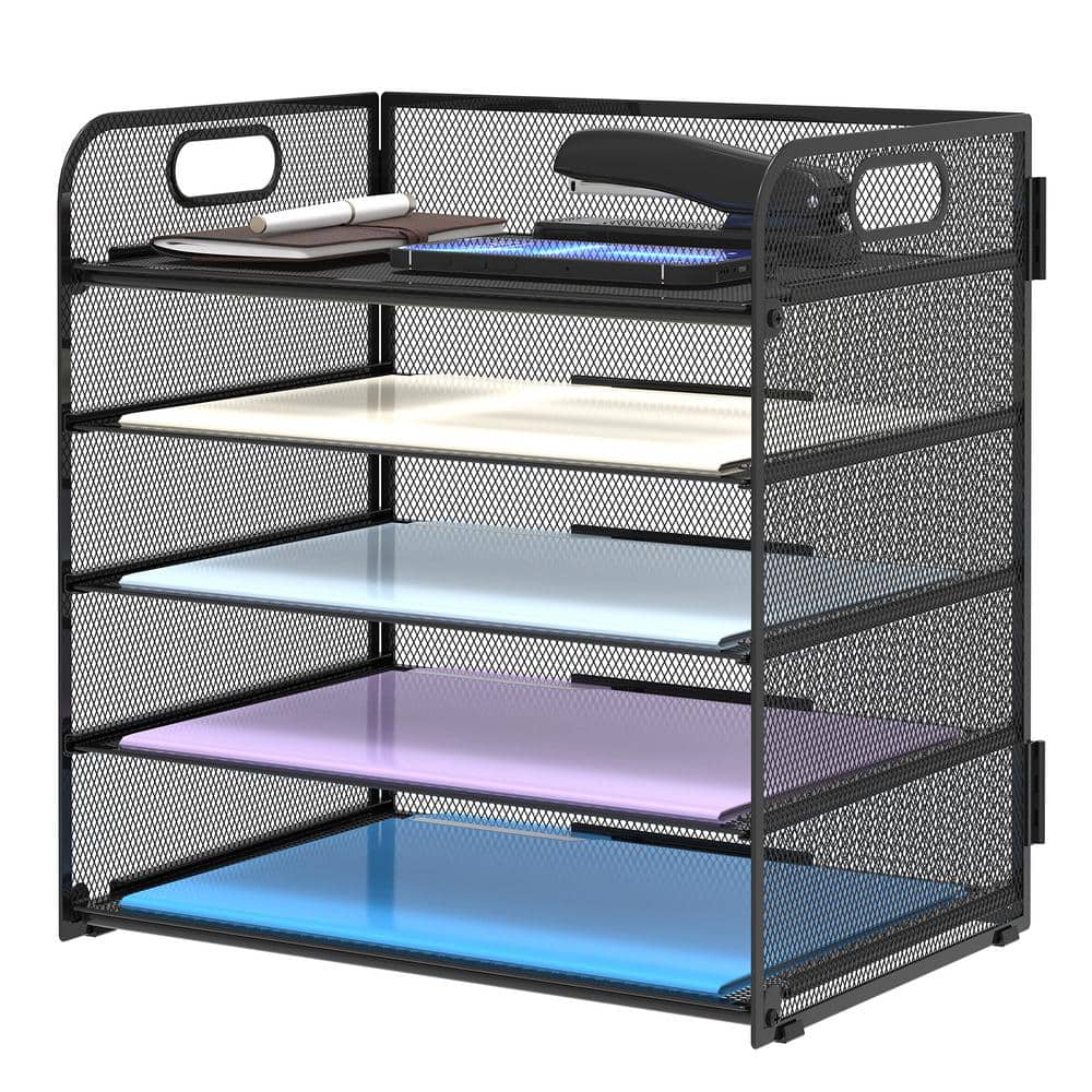 Black 9 in. W x 13.5 in. H Metal 5 Tray Paper Organizer Letter Tray, Paper 