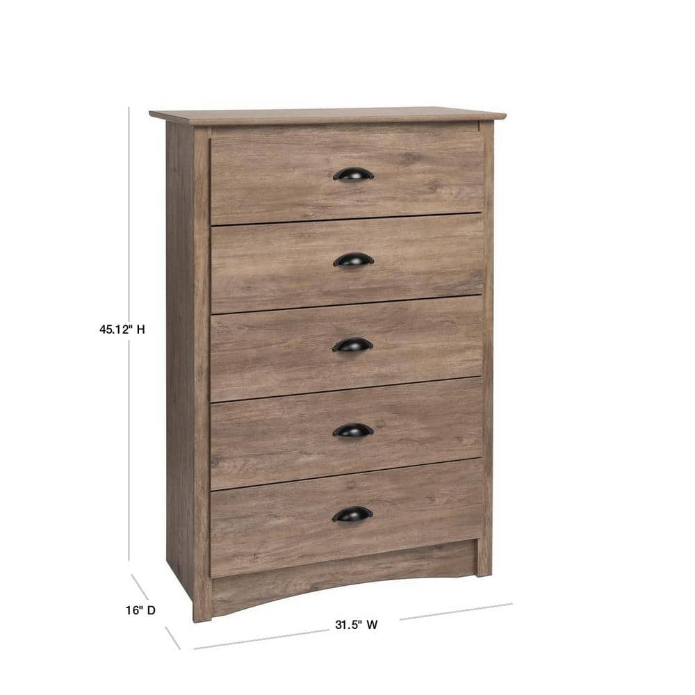 Coastal Drifted Gray 5-Drawer Compact Dresser with Vintage Touch