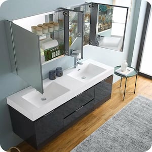 Valencia 60 in. W Wall Hung Bathroom Vanity in Gray Oak with Double Acrylic Vanity Top in White