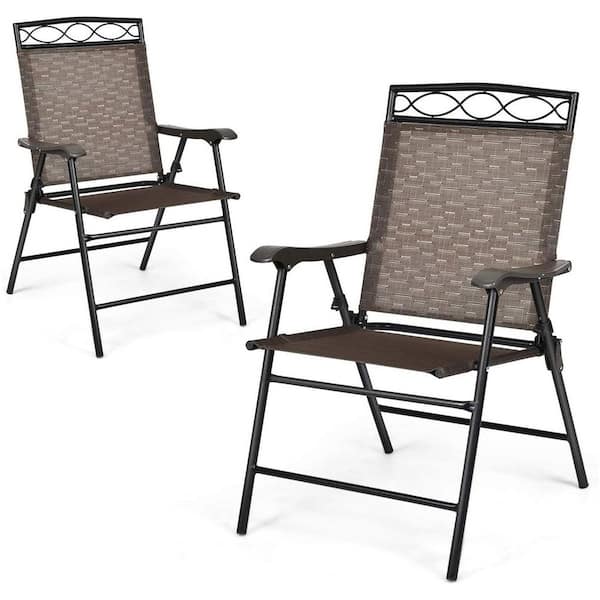 Unbranded Folding Steel Sling Outdoor Dining Chair in Brown (Set of 2)