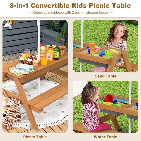 Costway 3-in-1 Kids Wooden Picnic Table Outdoor Sand and Water Table with  Umbrella Play Boxes JU--10N008YB