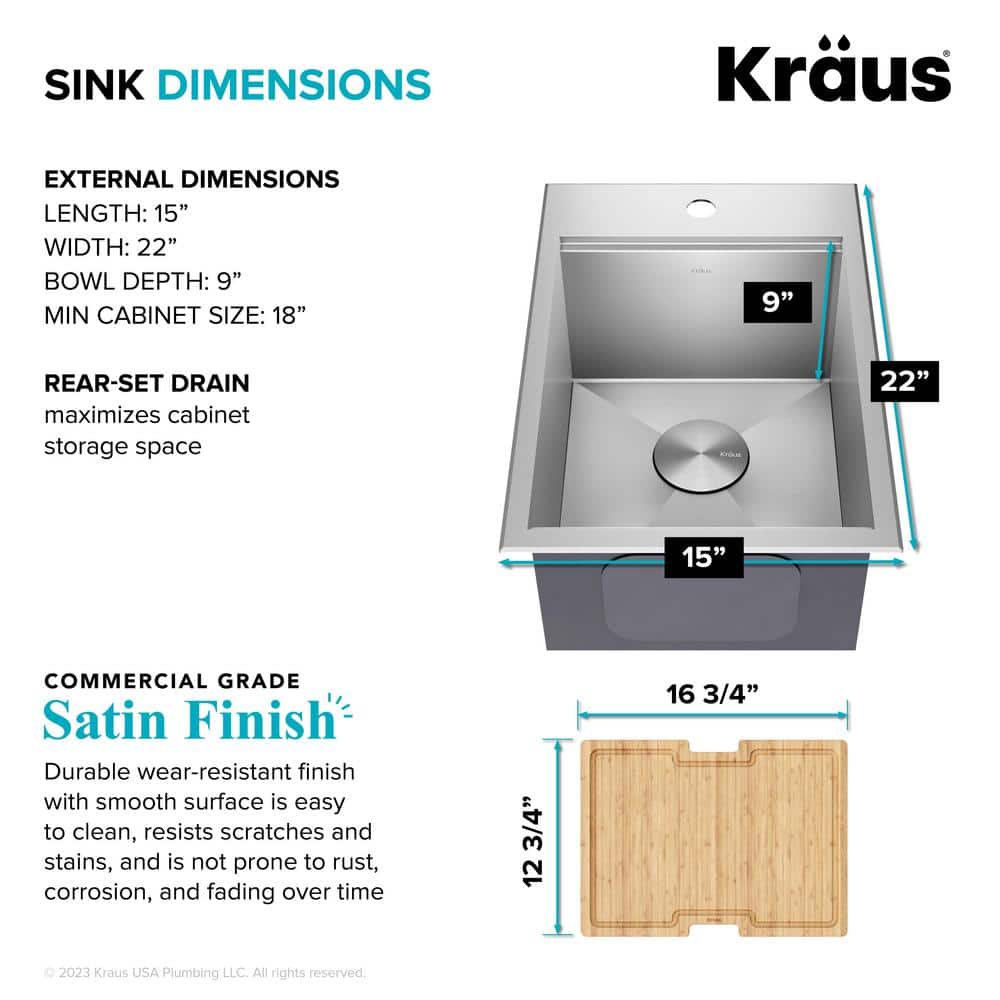 Kore 15" Stainless Steel Single Bowl Workstation Sink with Accessories