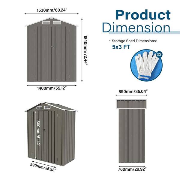 5 ft. W x 3 ft. D Metal Shed with Double Door (15 sq. ft. )