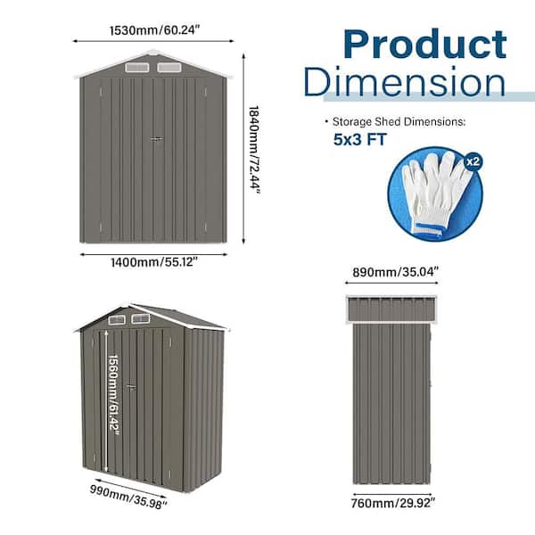 5 ft. W x 3 ft. D Metal Shed with Double Door (15 sq. ft. )