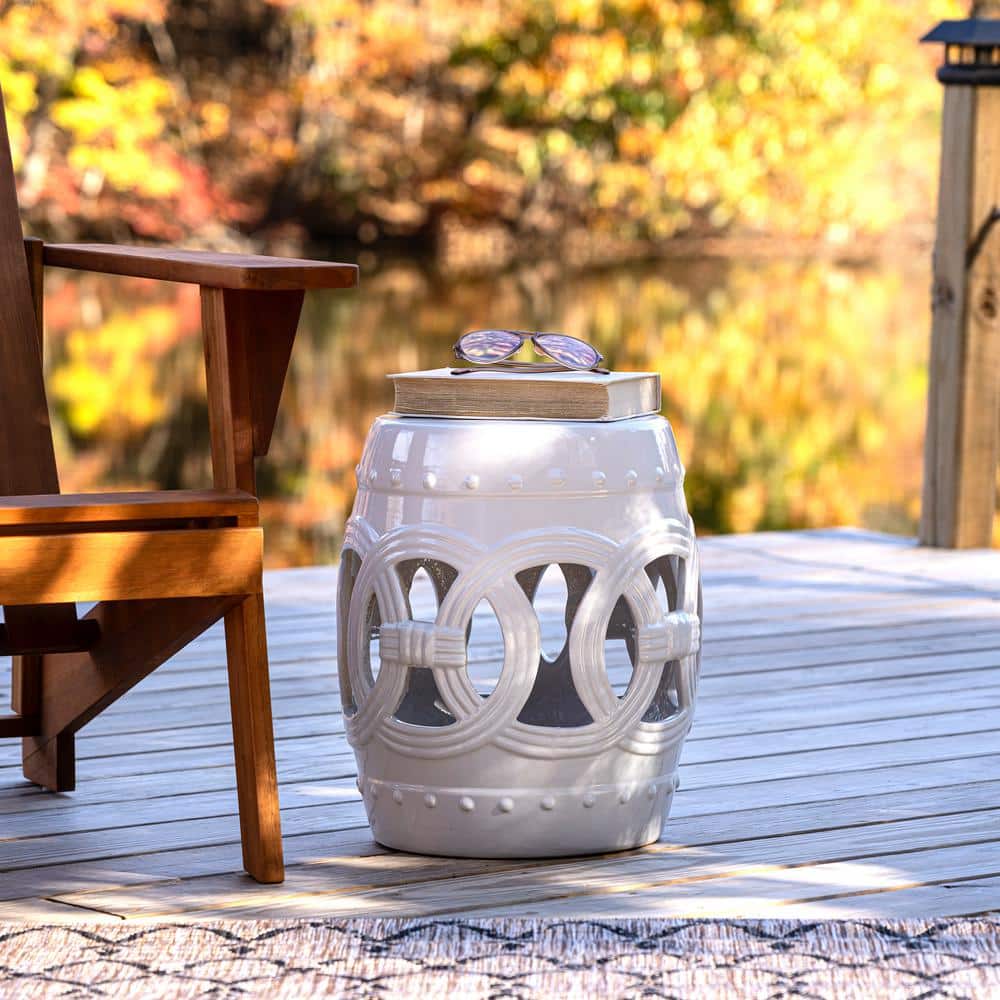 White Ceramic Drum Garden Stool with Lucky Coin Symbols, 16"
