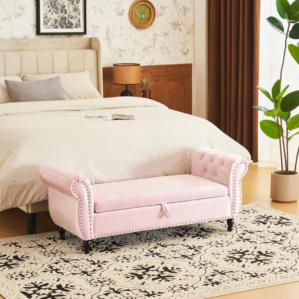 Pink Velvet Storage Ottoman Bench with Pillow