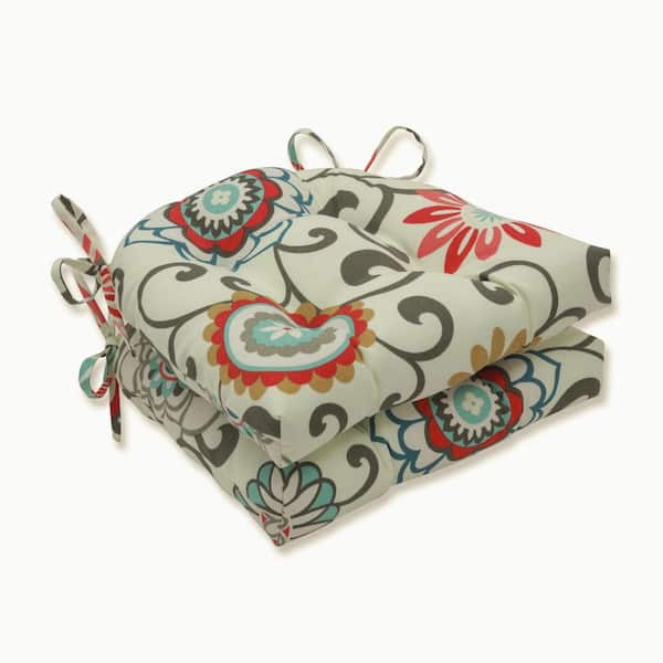 Pillow Perfect Floral 16 in. x 15.5 in. Outdoor Dining Chair Cushion in Blue/Brown (Set of 2)