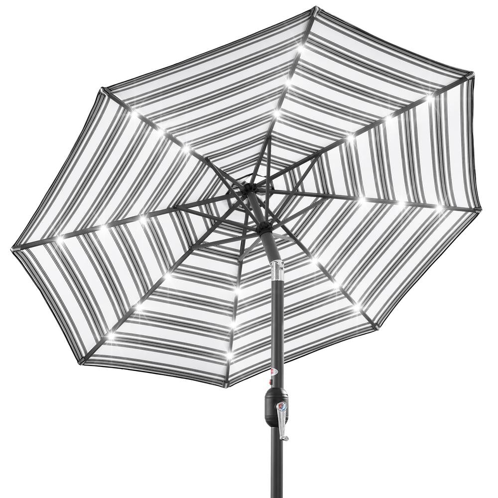 10ft Striped Black Metal Market Patio Umbrella with LED Lights