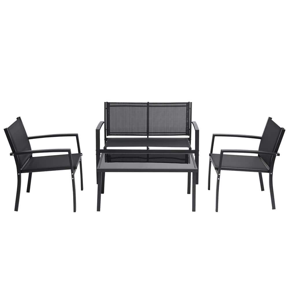 4-Piece Metal Modern and Minimalist Style Black Patio Conversation Set