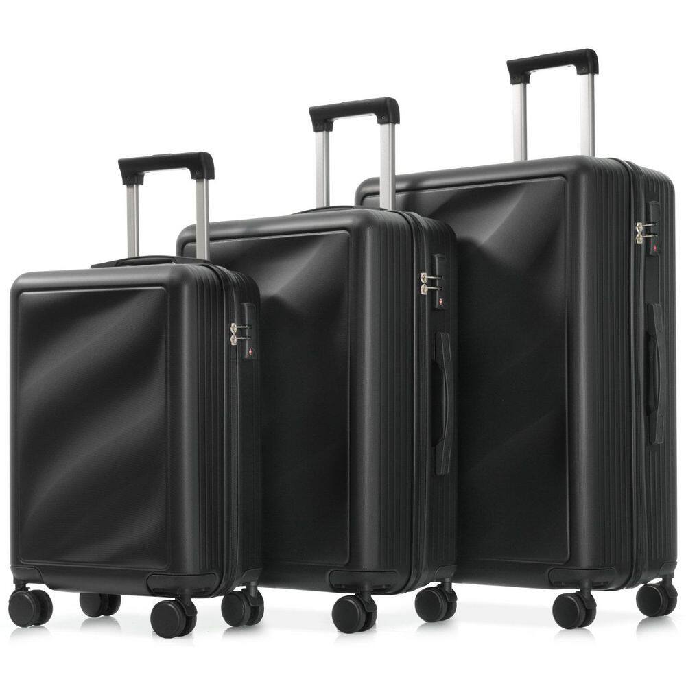 3 Bags 3-Piece Black ABS Hardshell Spinner Luggage Set with TSA Lock, 360 Spinner Wheels, Side Hooks