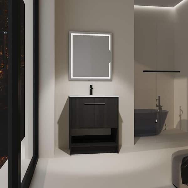 30 in. Single Sink Freestanding Black Bath Vanity with White Ceramic Top Open Shelf and Door Storage Cabinet Unassembled