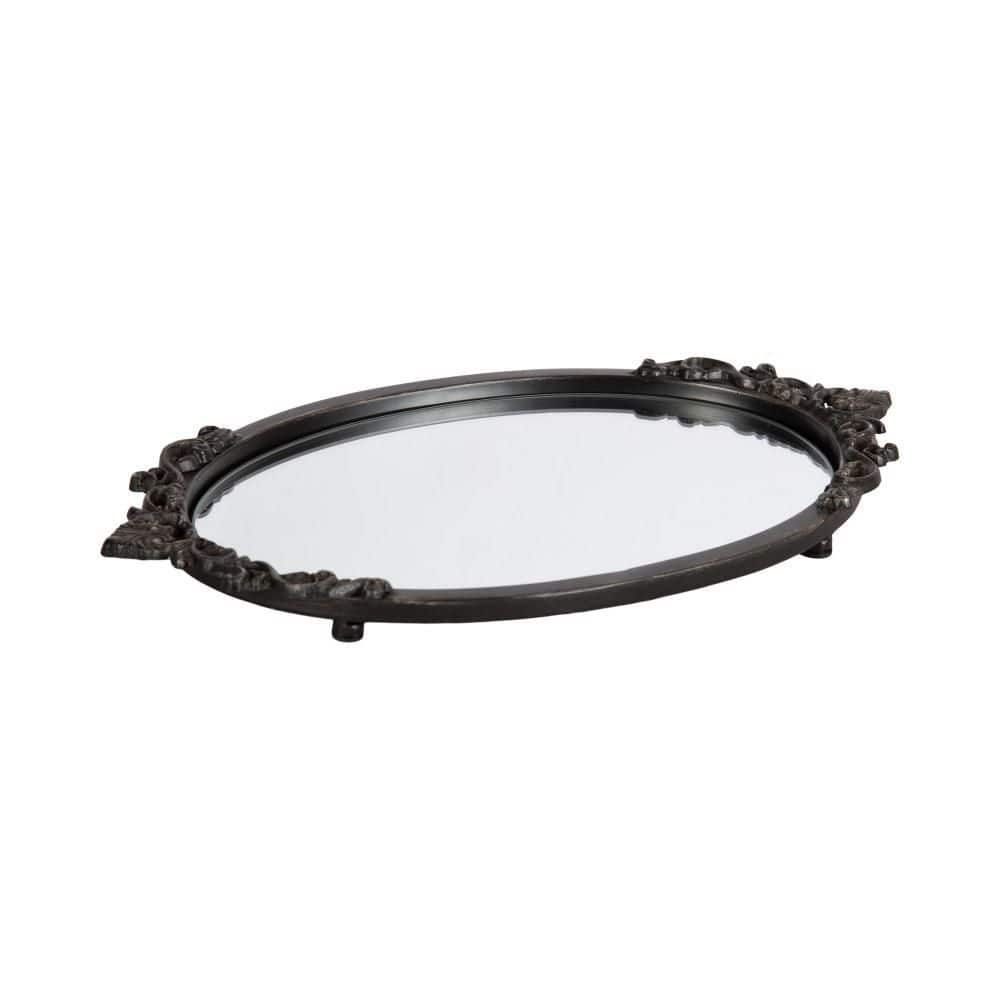 Antique Black Ornate Oval Mirrored Decorative Tray