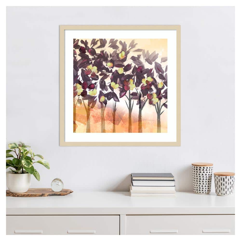 Purple Trees Expressionist Graphic Art in Natural Wood Frame