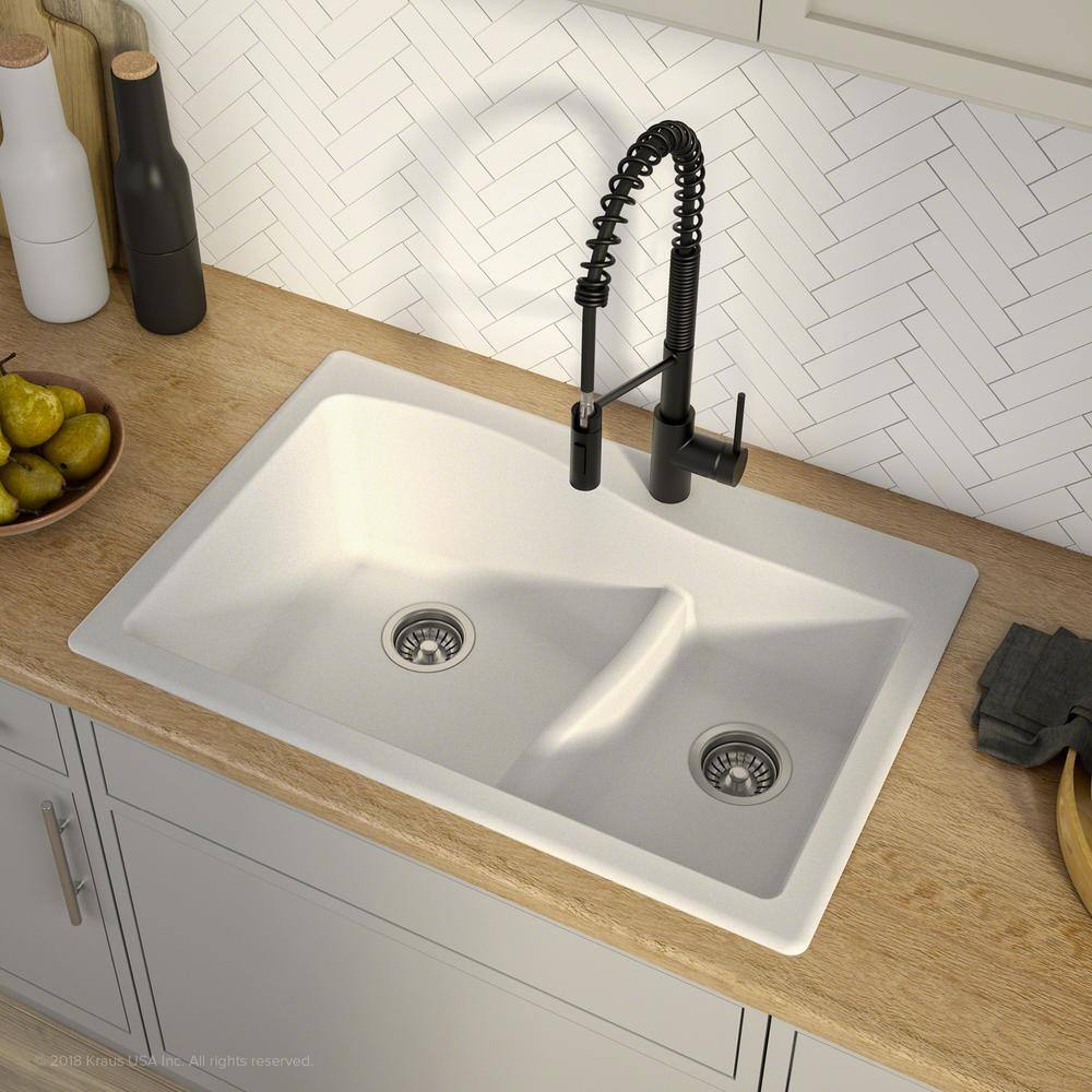 White Granite Dual Bowl Drop-In Kitchen Sink with Strainers