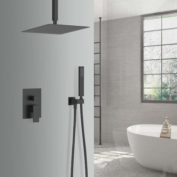 Single Handle 2-Spray Square Ceiling Mount Shower Faucet with 12 in. Hand Shower in Matte Black (Valve Included)