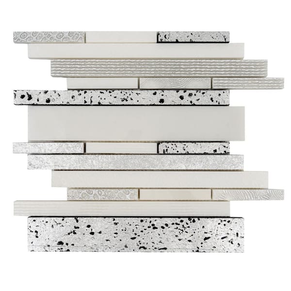 Artisana 4 in. x 5 in. White Silver Polish Foil Texture Stone Linear Stack Mosaic Wall and Floor Tile Sample