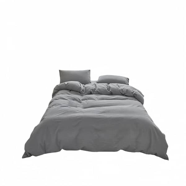 Light Grey 3-Piece Duvet Cover Set ,100% Washed Cotton Duvet Cover Set, Linen-Like Texture, Queen Size