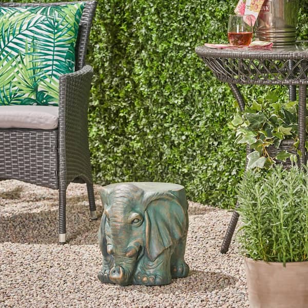Noble House Godwin Copper Patina Concrete Outdoor Patio Elephant Garden Stool