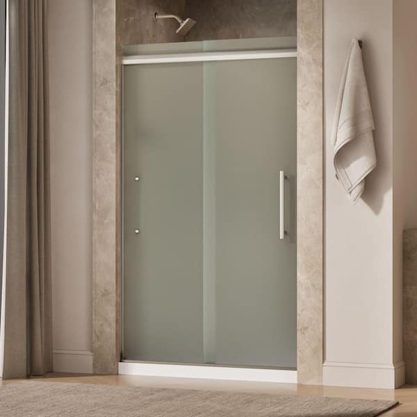 Pleat 45-48 in. W x 79 in. H Frameless Sliding Shower Door in Anodized Brushed Nickel with 5/16 in. Thick Frosted Glass