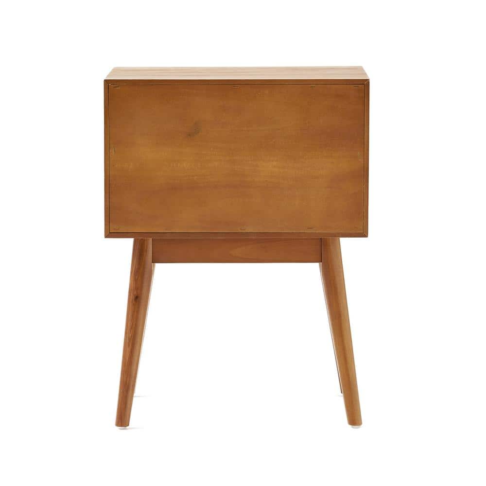 Natural Brown Acacia Wood Mid-Century Nightstand with Two Drawers