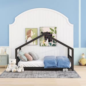 Espresso Full Size Wood House Bed with Roof, Full Platform Bed with Headboard and Footboard, No Box Spring Needed