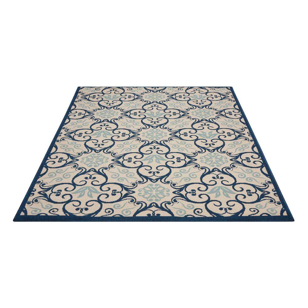 Ivory and Navy Floral Synthetic 5' x 7' Area Rug