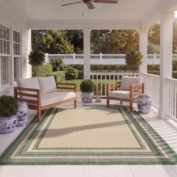 Courtyard 9 ft. x 12 ft. Beige/Dark Green Solid Color Striped Indoor/Outdoor Area Rug