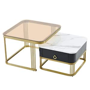 Black 2-in-2 Square Nesting Coffee Table, End Table Set with Drawers, High Gloss Marble Grain Top