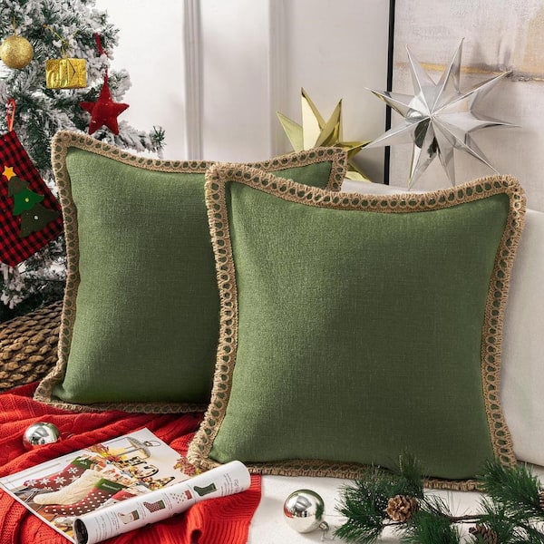 Unbranded Olive Green Pack of 2 Christmas Decorative Throw Pillow Cover Burlap Linen Trimmed, 20 in. x 20 in.