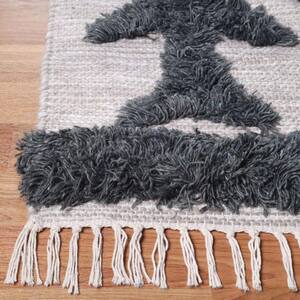 10 ft. Ivory And Charcoal Wool Geometric Flatweave Handmade Stain Resistant Runner Rug with Fringe