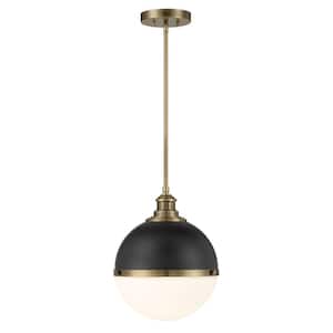 Vorey 100-Watt 1-Light Black and Oxidized Aged Brass Shaded Pendant Light with Etched Opal Glass Shade