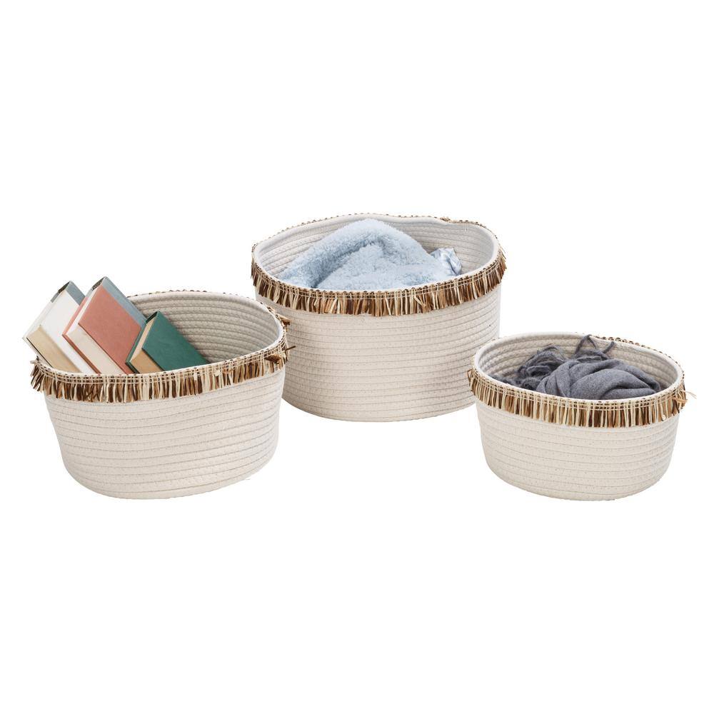 Set of 3 White Cotton Rope Round Baskets with Fringe