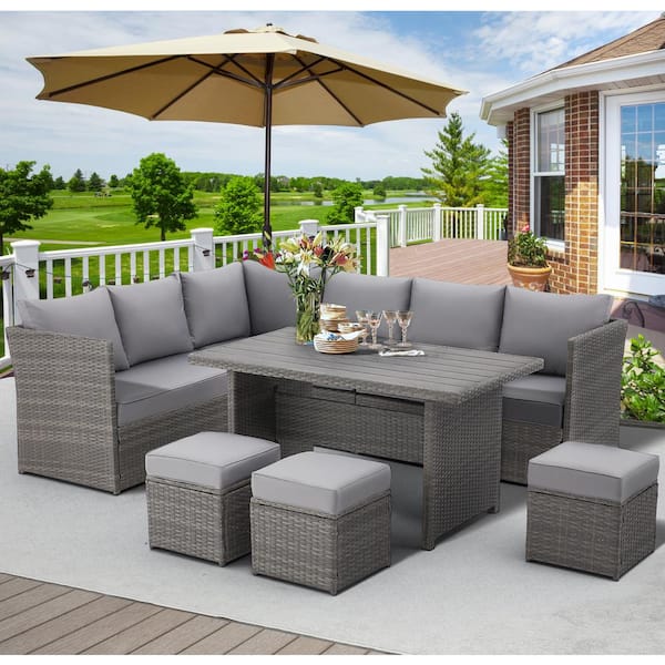 AECOJOY Gray 7-Pieces Wicker Patio Sectional Conversation Set with Gray Cushions
