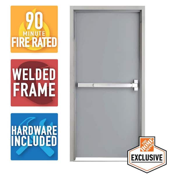 Armor Door 36 in. x 84 in. Fire-Rated Gray Left-Hand Flush Steel Prehung Commercial Door and Frame with Panic Bar and Hardware