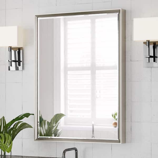QueenFun 24 in. W x 32 in. H Framed Rectangular Beveled Edge Bathroom Vanity Wall Mount Mirror in Brushed Nickel