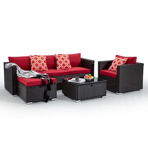 4-Piece Conversation Set with Coffee Table, Wicker Rattan Outdoor Modular Sofa with Burgundy Cushions and Pillows