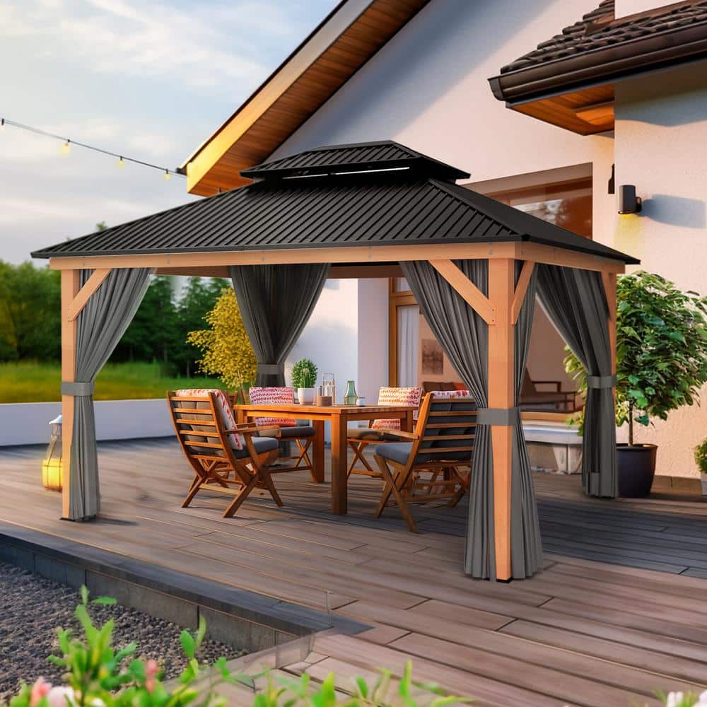11' x 13' Wooden Patio Gazebo with Black Metal Roof and Gray Curtains
