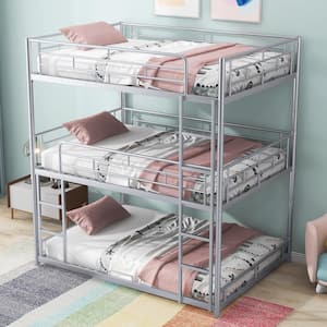 Silver Full Size Metal Triple Bunk Bed with 2-Ladders