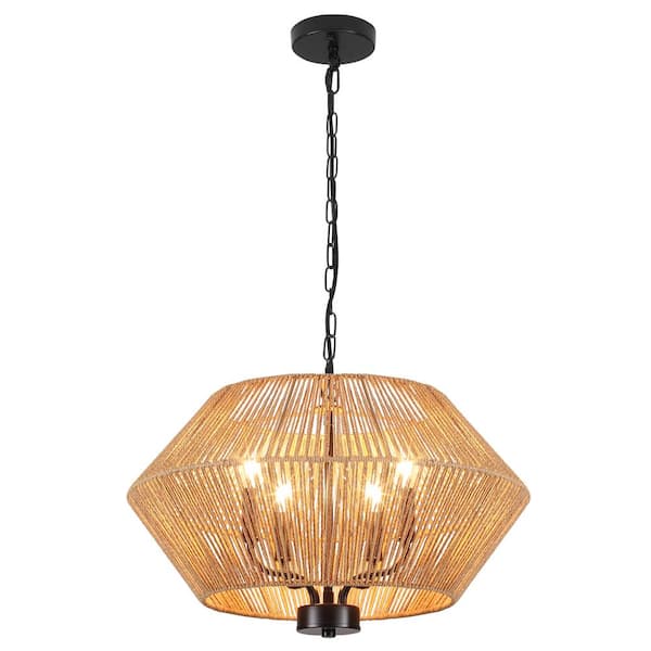 4-Light Black Bohemian Geometric Dimmable Chandelier with Rattan Cage Shade