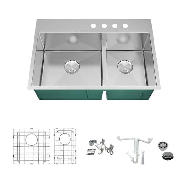Transolid Diamond 16-Gauge Stainless Steel 33 in. Double Bowl Drop-In Kitchen Sink Kit with Magnetic Accessories