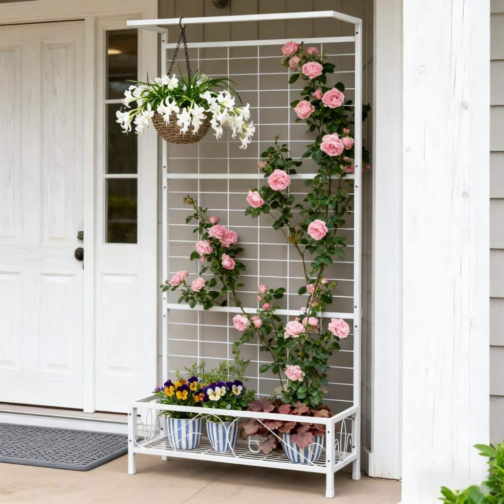 Jushua White Plant Holder,Metal Tall Plant Stand with Trellis and