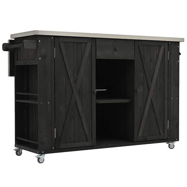 52.25 in. x 28.75 in. x 36.25 in. Wood Kitchen Island, Outdoor Storage Cabinet, Towel, Spice Racks, Bottle Opener, Black