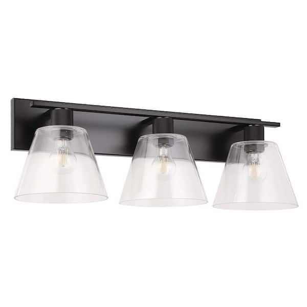 Eglo Copley 26.73 in. W x 9.17 in. H 3-Light Matte Black Bathroom Vanity Light with Clear Glass Shades