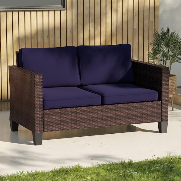 All-Weather Metal Frame Brown Wicker Outdoor Loveseat Patio Chaise Lounge with Navy Blue Cushions
