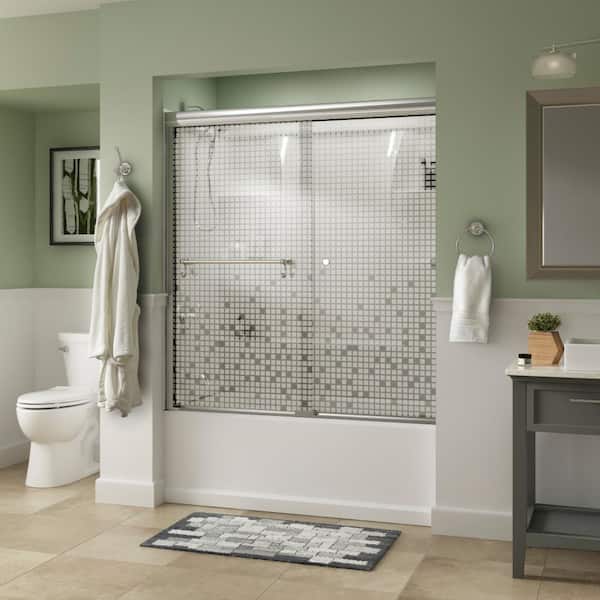 Portman 60 in. x 58-1/8 in. Semi-Frameless Traditional Sliding Bathtub Door in Chrome with Mozaic Glass Portman 60 in. x 58-1/8 in. Semi-Frameless Traditional Sliding Bathtub Door in Chrome with Mozaic Glass